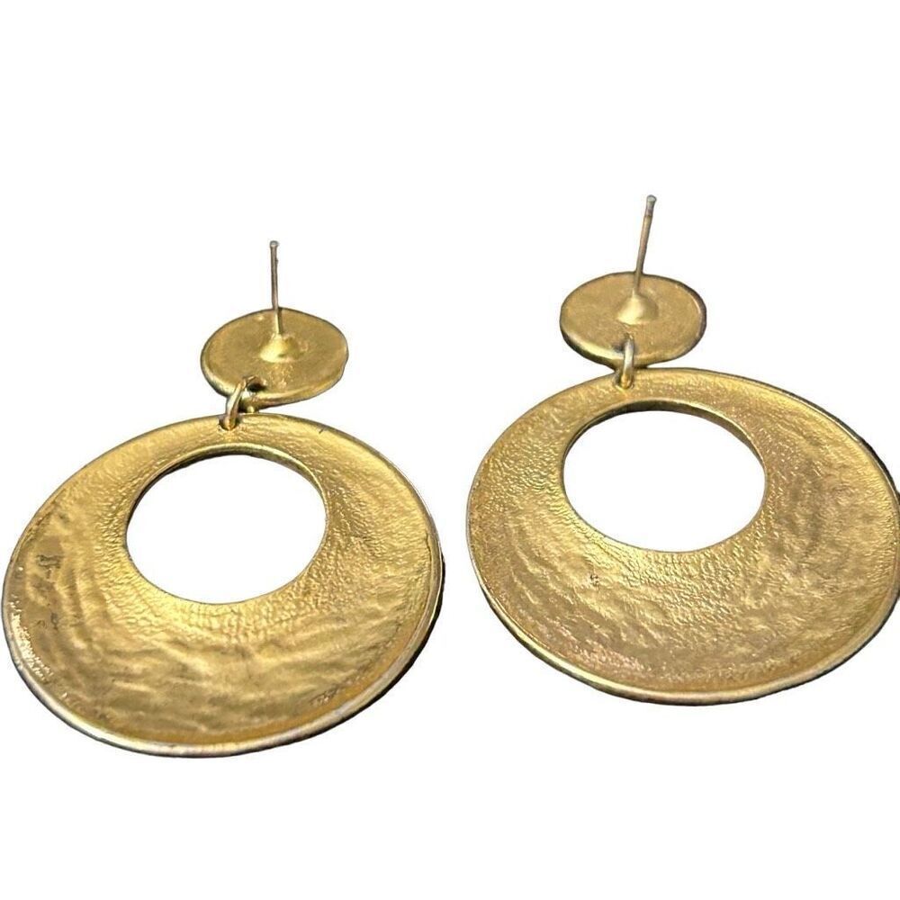 Vtg 90s Drop Earrings Blue Gold Aztec Southwest Cloisonne Enamel Round Pierced - Picture 4 of 6